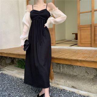 Lantern-sleeve Off-shoulder Two-tone A-line Dress