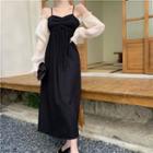 Lantern-sleeve Off-shoulder Two-tone A-line Dress