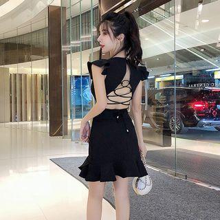 Sleeveless Ruffle Trim Open Back Mermaid Dress