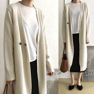 Tie-waist Buttoned Knit Coat Beige - One Size