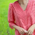 V-neck Puff-sleeve Eyelet-lace Dress
