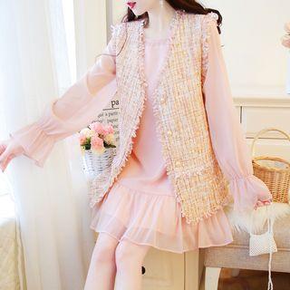 Set: Bell-sleeve Mini Chiffon Dress + Tweed Vest