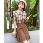Set: Plaid Short-sleeve Shirt + A-line Skirt Set Of 2 - As Shown In Figure - One Size