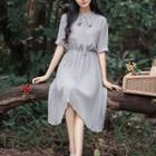 Tie Neck Short-sleeve Midi Chiffon Dress