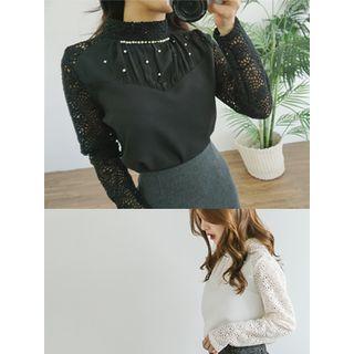 Lace-sleeve Faux-pearl Embellished Top