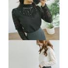 Lace-sleeve Faux-pearl Embellished Top