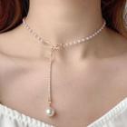 Alloy Bow Faux Pearl Pendant Necklace As Shown In Figure - One Size