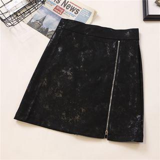 Faux Leather Zip-up Mini A-line Skirt