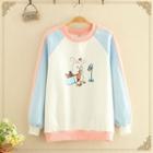 Round-neck Rabbit Printed Color-block Over-sized Pullover