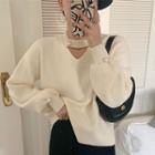 V-neck Long-sleeve Faux Pearl Panel Knit Sweater