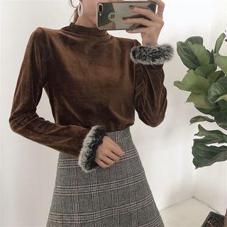 Long-sleeve Velvet Furry-trim T-shirt