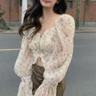Long-sleeve Floral Print Slim-fit Cropped Blouse