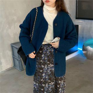 Plain Button-up Jacket / Floral Print Midi Skirt