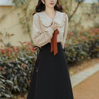 Set: Long-sleeve Peter Pan Collar Corduroy Top + Lace-up Midi A-line Skirt