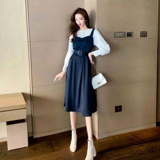 Set: Plain Blouse + Sleeveless Buckled Dress