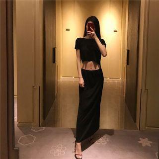 Short-sleeve Open-back Cutout Midi Sheath Dress Black - One Size