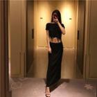 Short-sleeve Open-back Cutout Midi Sheath Dress Black - One Size