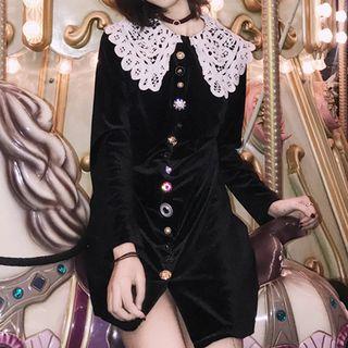 Lace Panel Velvet Long-sleeve Dress Black - One Size