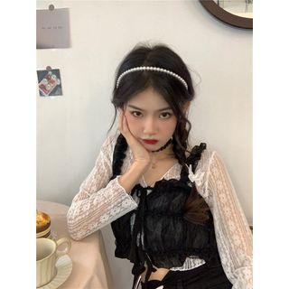 Long-sleeve Lace Top / Ruffle Trim Tie-strap Cropped Camisole Top