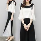 Set: Contrast Trim Flared-sleeve Blouse + Wide-leg Pants