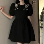 Short-sleeve Cutout Rhinestone Mini A-line Dress Black - One Size