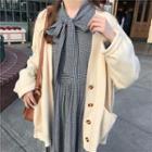 Long-sleeve Tie-neck Houndstooth Dress / Plain Knit Cardigan