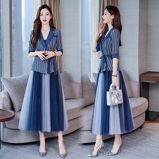 Set: Elbow Sleeve Tie-waist Striped Blazer + Two Tone Mesh A-line Skirt