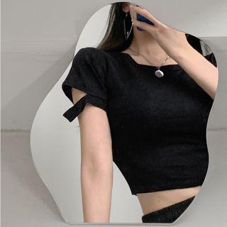 Cutout-cuff Plain Crop T-shirt In 5 Colors