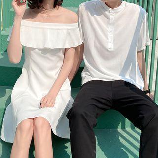 Couple Matching Off-shoulder Mini A-line Dress / Short-sleeve T-shirt