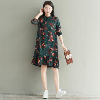 Flower Print Ruffle Hem Long-sleeve Dress