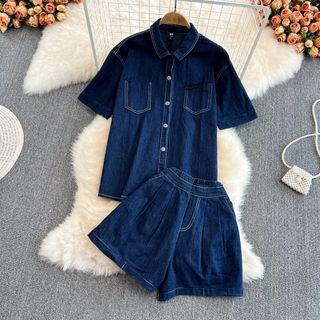 Set: Short-sleeve Contrast Stitching Denim Shirt + Shorts