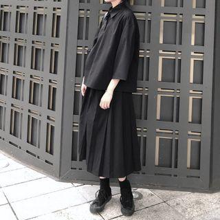 Short-sleeve Plain Polo Shirt / High-waist Plain Pleated Skirt