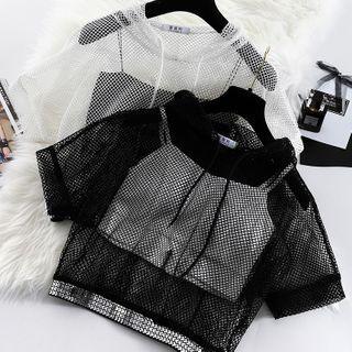 Short-sleeve Hooded Cropped Mesh Top