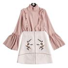 Set: Ruffle Trim Blouse + Embroidered A-line Skirt