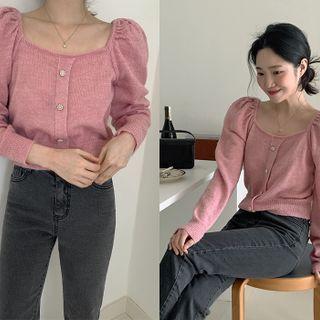 Puff-shoulder Mock Cardigan