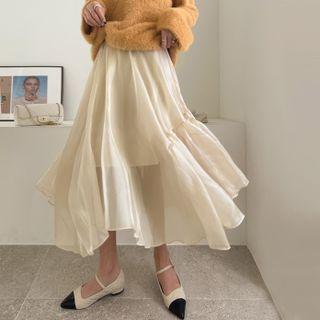 Asymmetric-hem Mesh Long Skirt