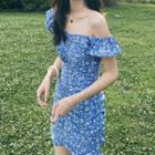 Off-shoulder Floral Shirred Mini Bodycon Dress