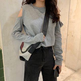Long-sleeve Off-shoulder Round Neck Plain Loose Fit T-shirt