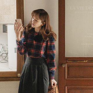 Tartan-plaid Blouse With Velvet Brooch Navy Blue - One Size