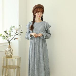Ruffle-trim Bell-cuff Gingham Dress