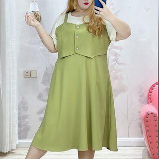 Plus Size Short-sleeve Mock Two Piece A-line Dress