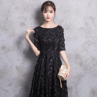 Elbow-sleeve Maxi A-line Evening Gown