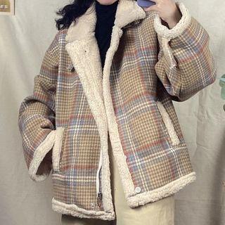Plaid Fleece-lined Zip-up Jacket