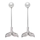 925 Sterling Silver Faux Pearl Rhinestone Whale Tail Dangle Earring White Faux Pearl & Mermaid - Silver - One Size
