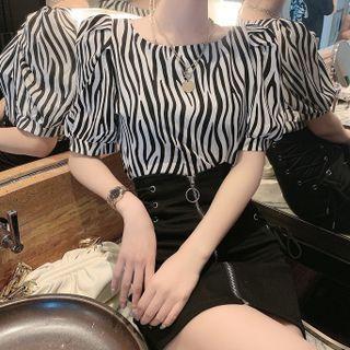 Puff-sleeve Zebra Print Blouse / Lace-up A-line Skirt