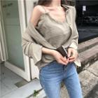 Plain Long-sleeve Loose-fit Shirt / Lace Camisole Top