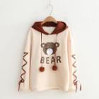 Bear Print Pompom Hoodie Khaki - One Size