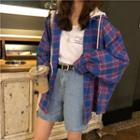 Letter Embroidered Plaid Hooded Shirt