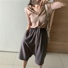 Plain Short-sleeve Slim-fit Hooded Knit Top / Loose-fit Shorts