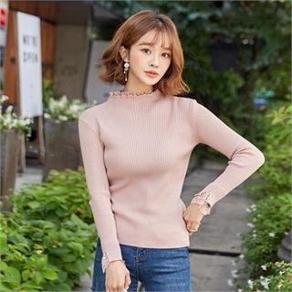 High-neck Lace-layered Knit Top